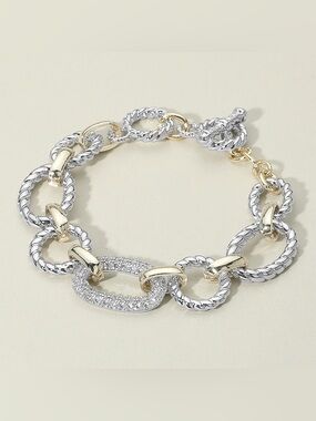 14K Gold Plated CZ Stone Paved Link Accent Two Tone Chunky Chain Link Bracelet